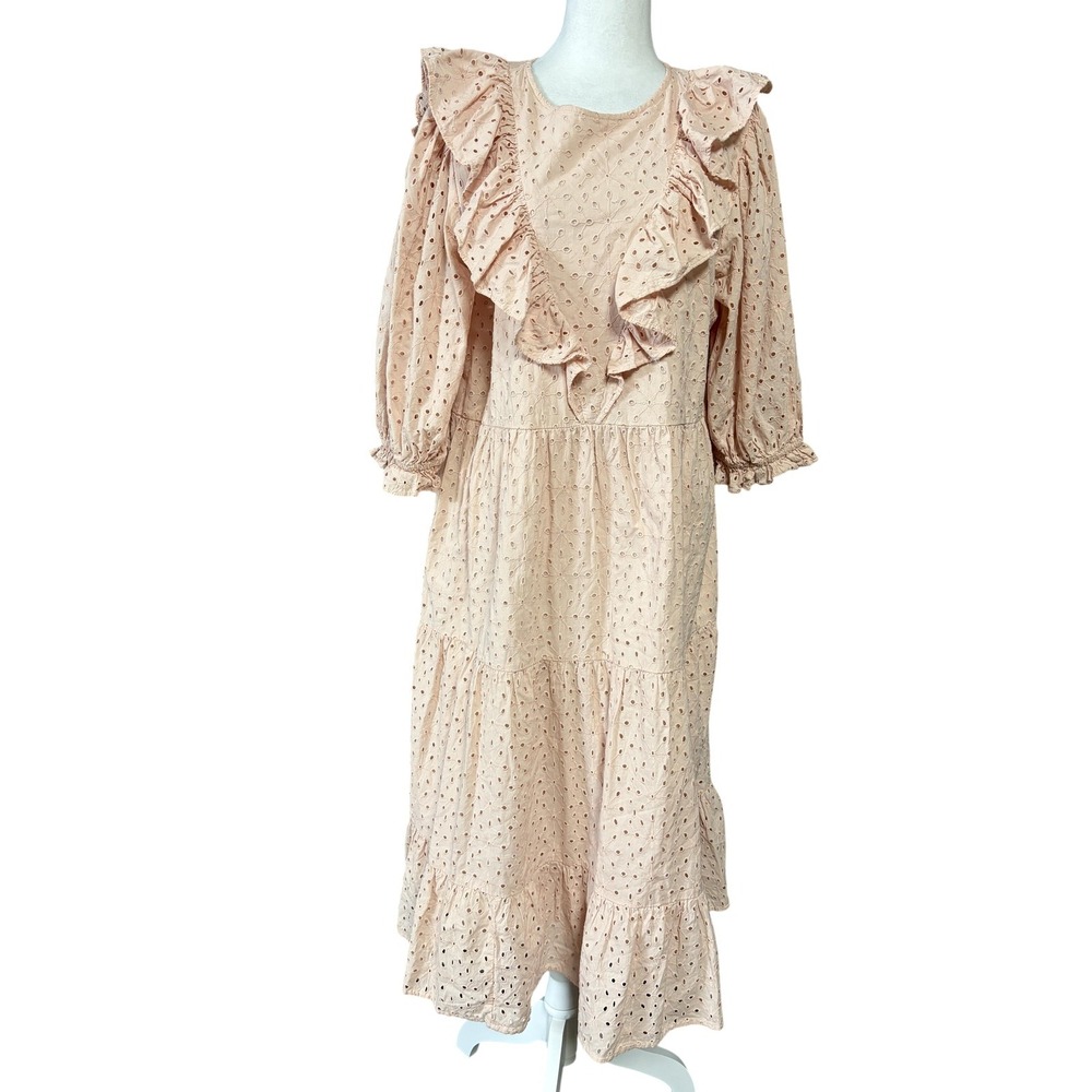 Miss Selfridge Eyelet Dress Womens 8‎ Pink Midi Ruffle Tiered Cotton Boho Lined